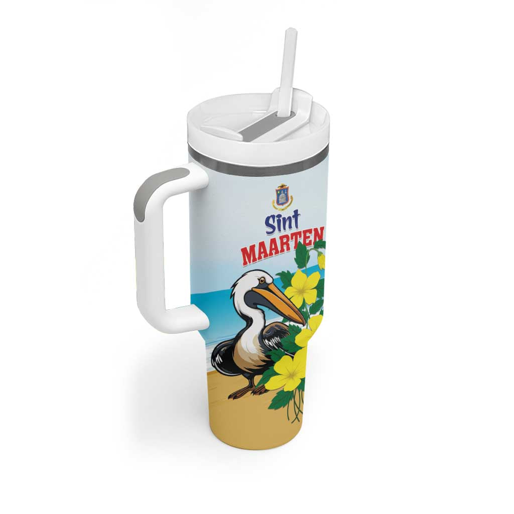 Personalized Sint Maarten Tumbler With Handle Brown Pelican With Yellow Sage - Wonder Print Shop