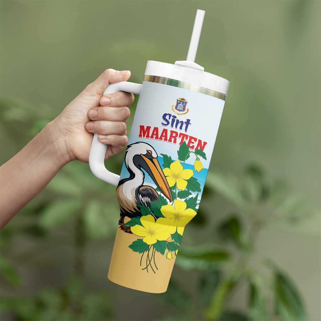 Personalized Sint Maarten Tumbler With Handle Brown Pelican With Yellow Sage - Wonder Print Shop