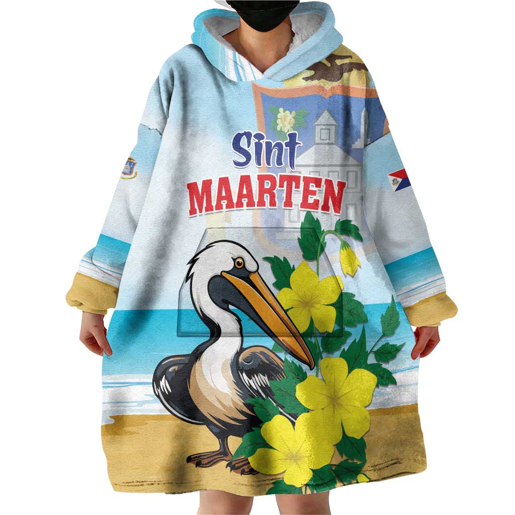 Personalized Sint Maarten Wearable Blanket Hoodie Brown Pelican With Yellow Sage - Wonder Print Shop