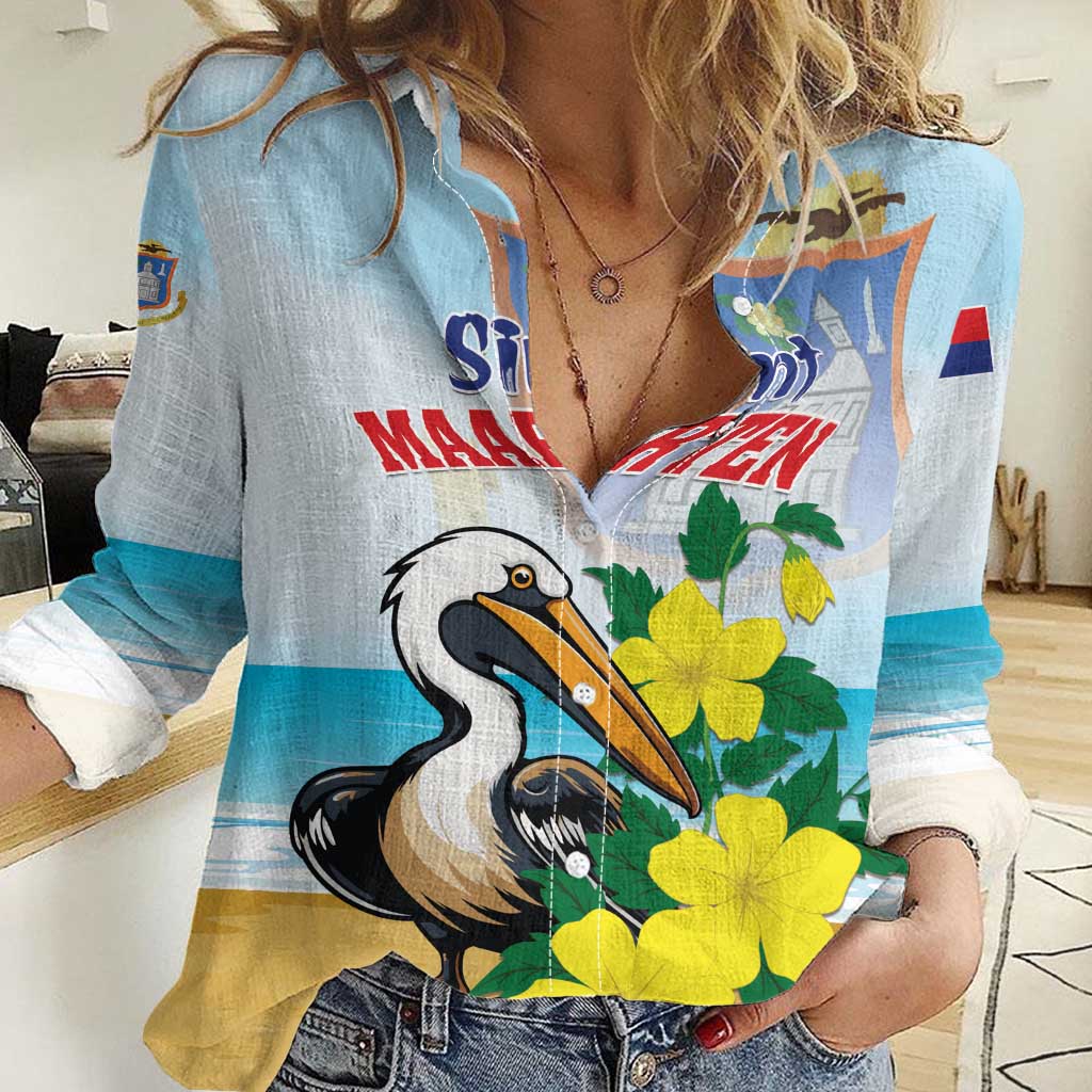 Personalized Sint Maarten Women Casual Shirt Brown Pelican With Yellow Sage - Wonder Print Shop