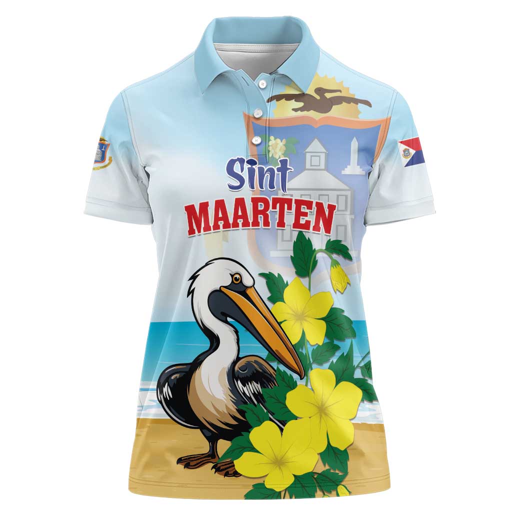 Personalized Sint Maarten Women Polo Shirt Brown Pelican With Yellow Sage - Wonder Print Shop