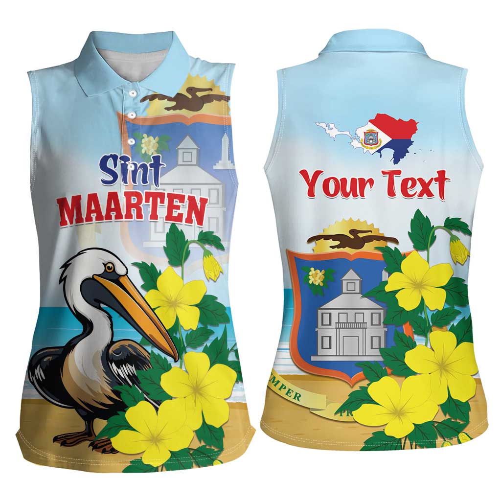 Personalized Sint Maarten Women Sleeveless Polo Shirt Brown Pelican With Yellow Sage - Wonder Print Shop