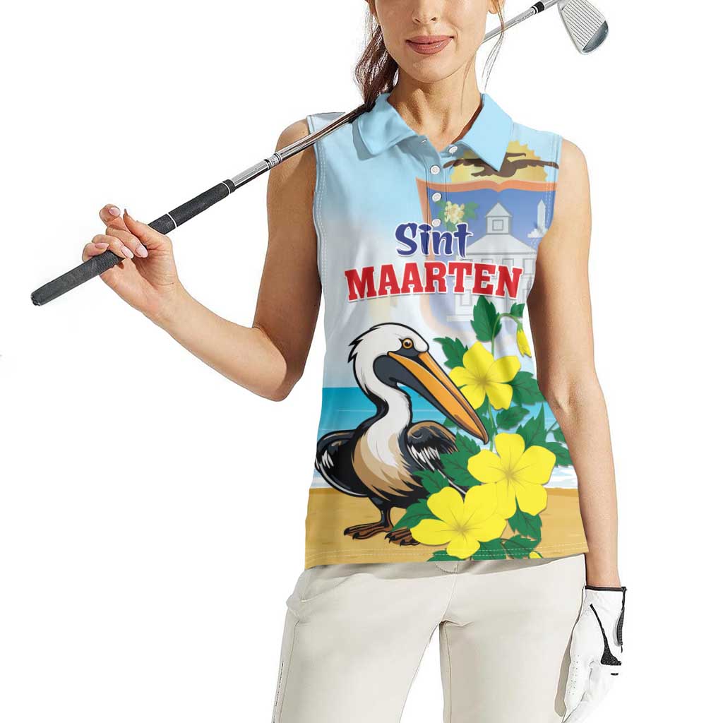 Personalized Sint Maarten Women Sleeveless Polo Shirt Brown Pelican With Yellow Sage - Wonder Print Shop