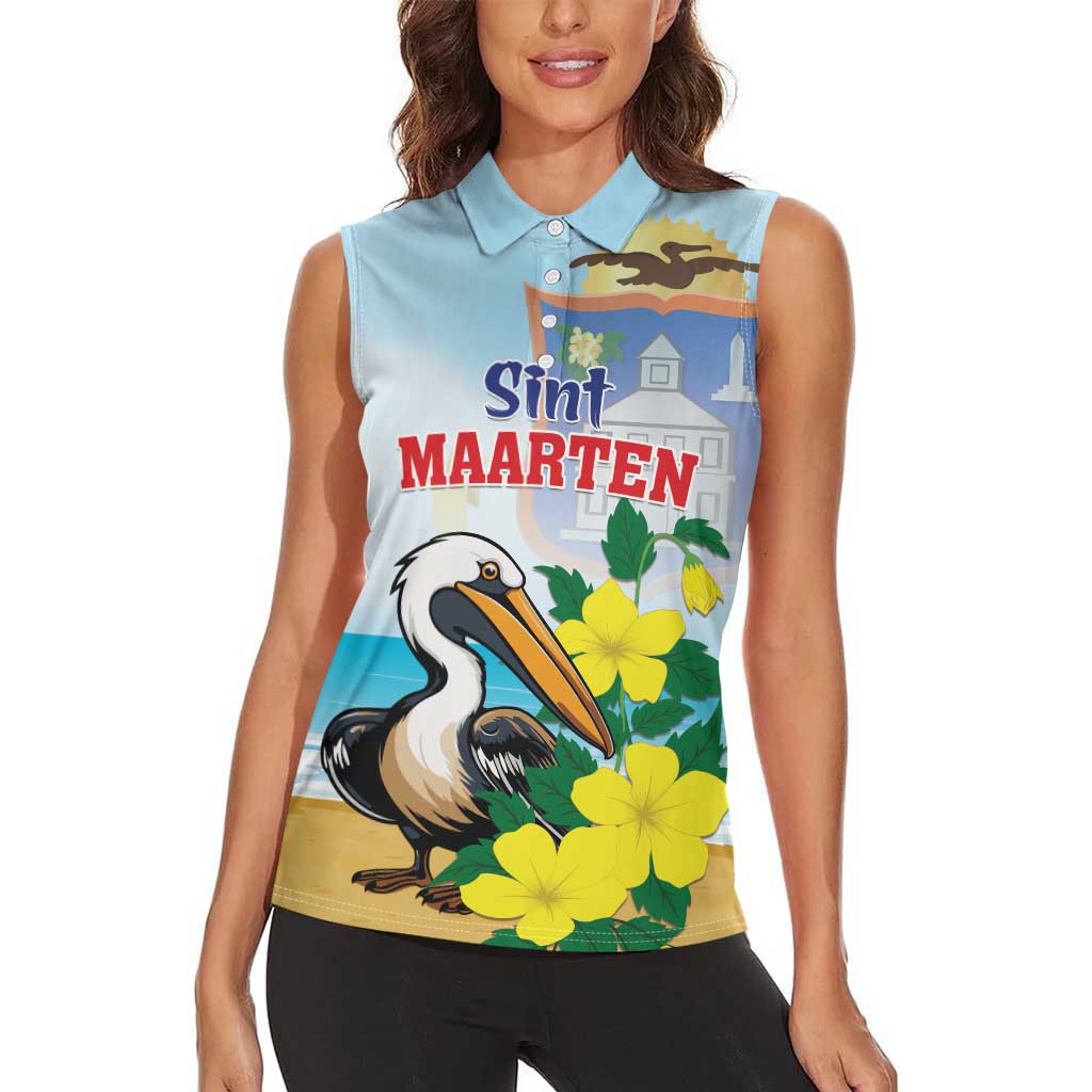 Personalized Sint Maarten Women Sleeveless Polo Shirt Brown Pelican With Yellow Sage - Wonder Print Shop