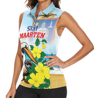 Personalized Sint Maarten Women Sleeveless Polo Shirt Brown Pelican With Yellow Sage - Wonder Print Shop