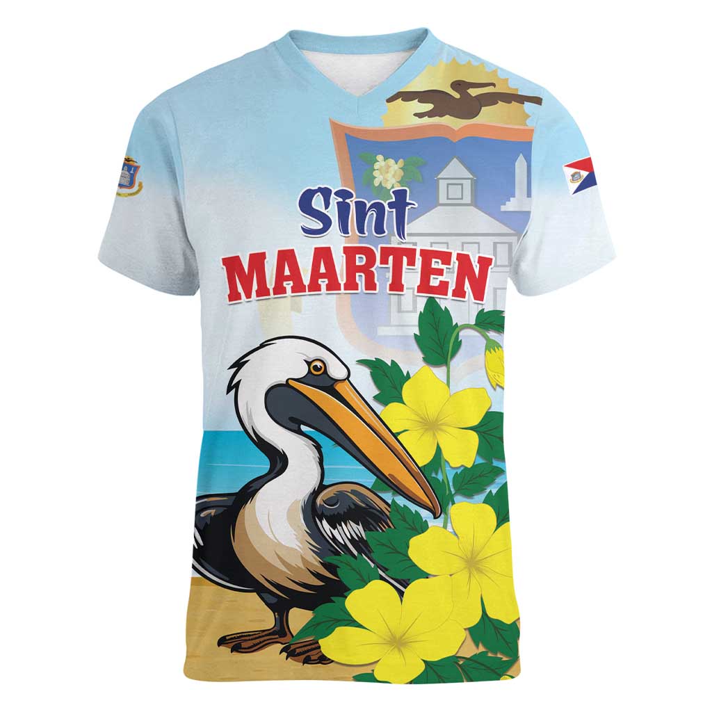 Personalized Sint Maarten Women V-Neck T-Shirt Brown Pelican With Yellow Sage - Wonder Print Shop