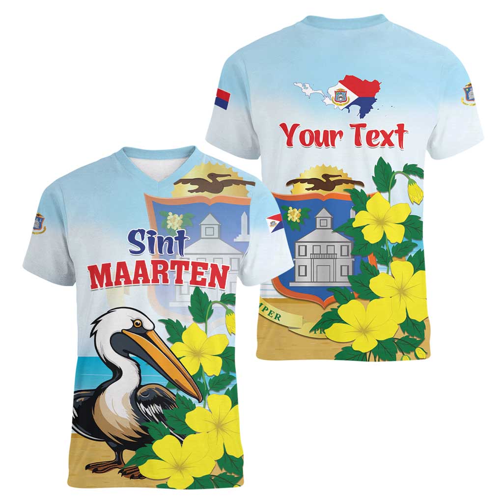 Personalized Sint Maarten Women V-Neck T-Shirt Brown Pelican With Yellow Sage - Wonder Print Shop
