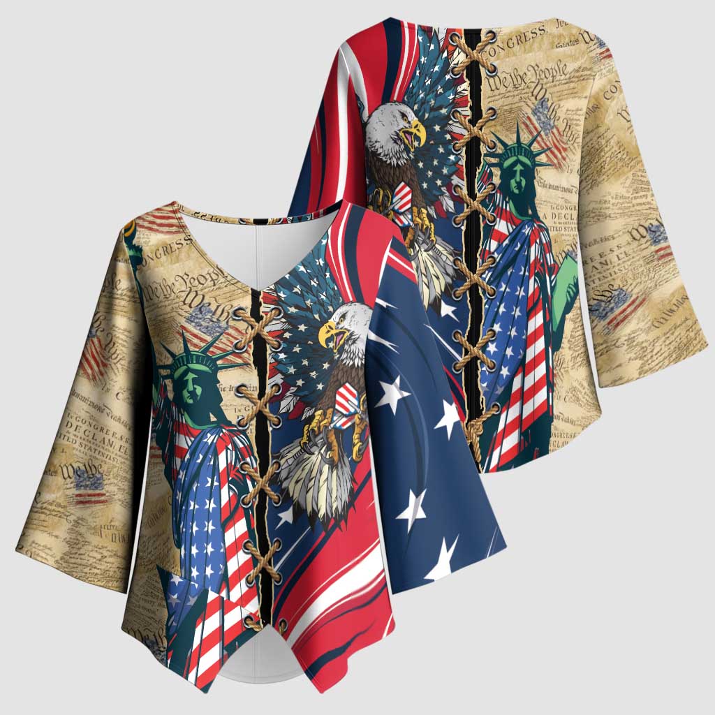 USA Eagle Statue of Liberty Kimono Sleeve Blouse American Patriotic Spirit - Wonder Print Shop