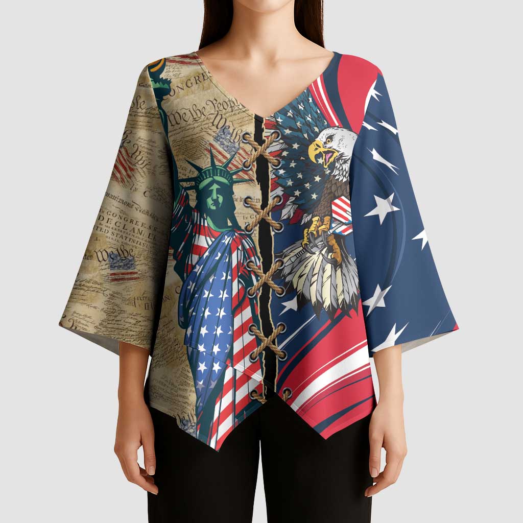 USA Eagle Statue of Liberty Kimono Sleeve Blouse American Patriotic Spirit - Wonder Print Shop
