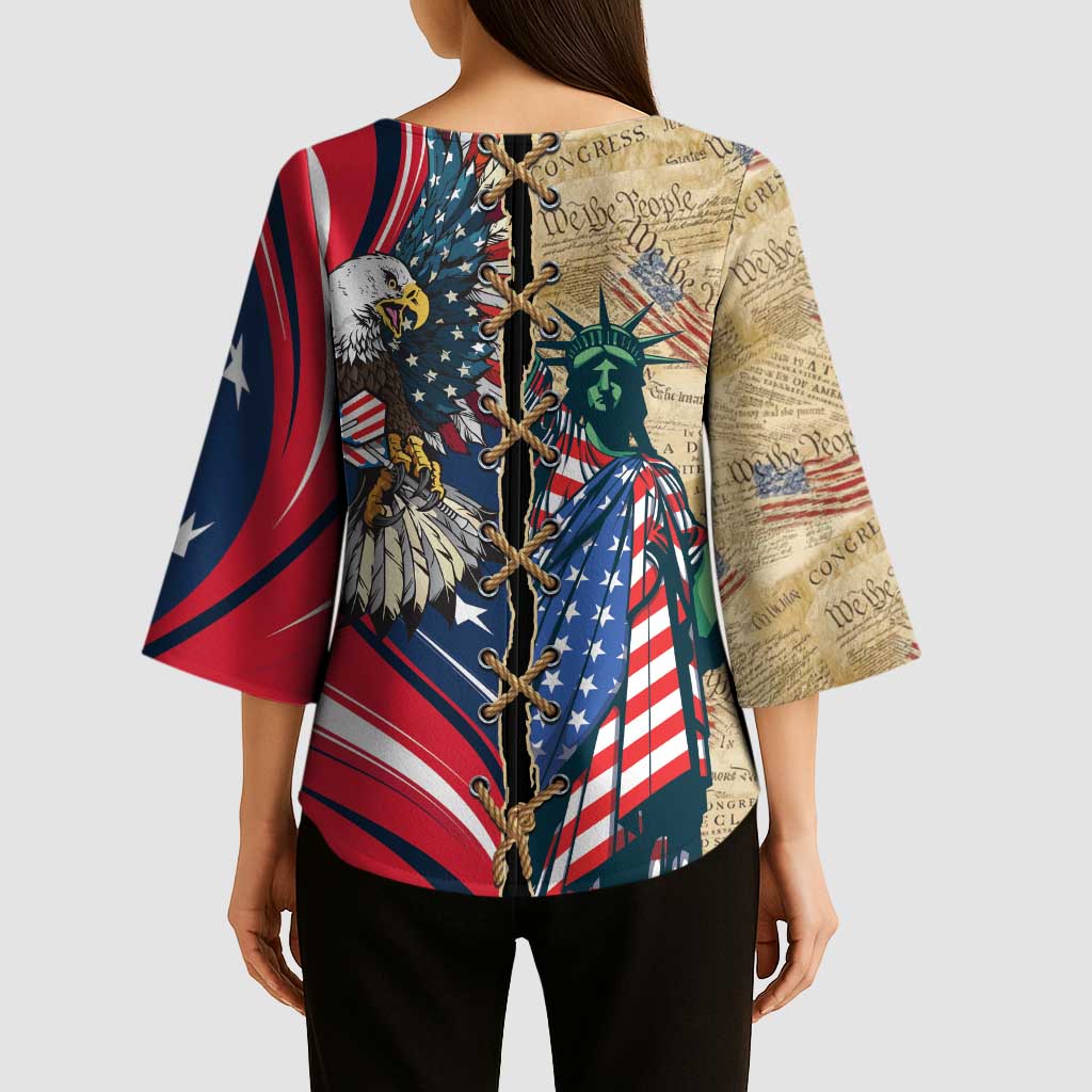 USA Eagle Statue of Liberty Kimono Sleeve Blouse American Patriotic Spirit - Wonder Print Shop