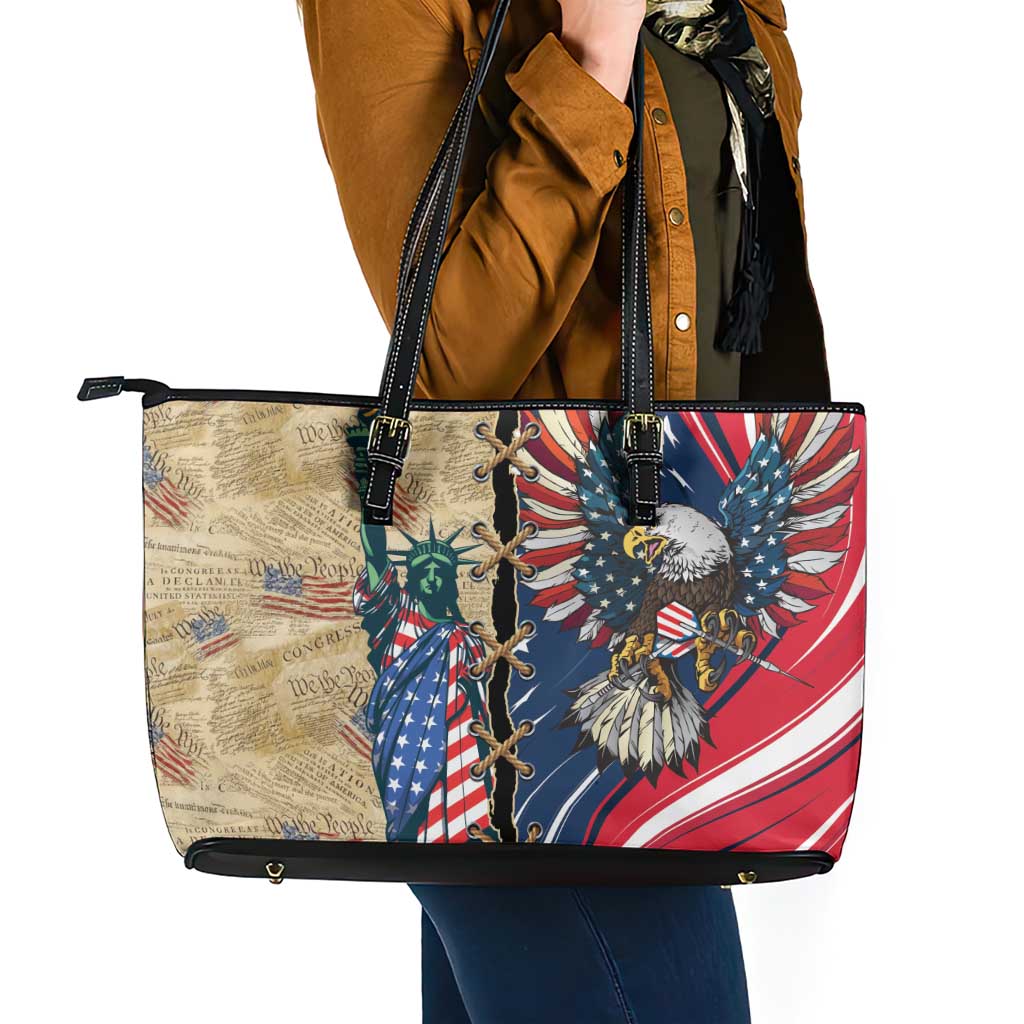USA Eagle Statue of Liberty Leather Tote Bag American Patriotic Spirit - Wonder Print Shop
