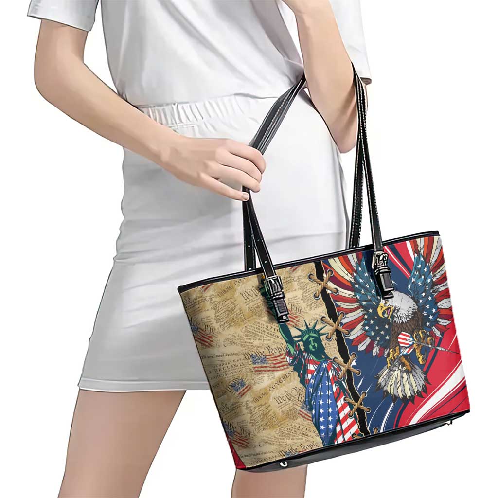 USA Eagle Statue of Liberty Leather Tote Bag American Patriotic Spirit - Wonder Print Shop