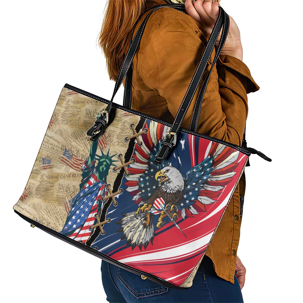 USA Eagle Statue of Liberty Leather Tote Bag American Patriotic Spirit - Wonder Print Shop