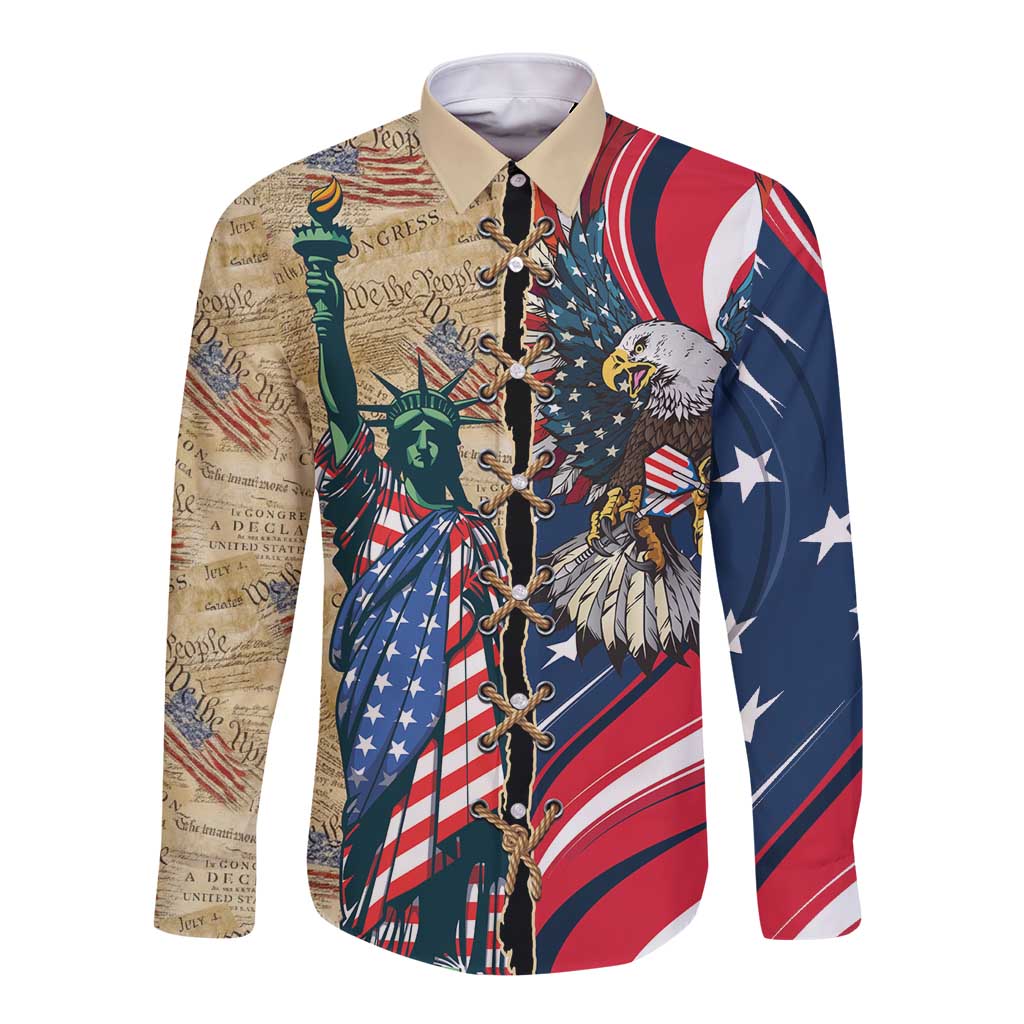 USA Eagle Statue of Liberty Long Sleeve Button Shirt American Patriotic Spirit - Wonder Print Shop