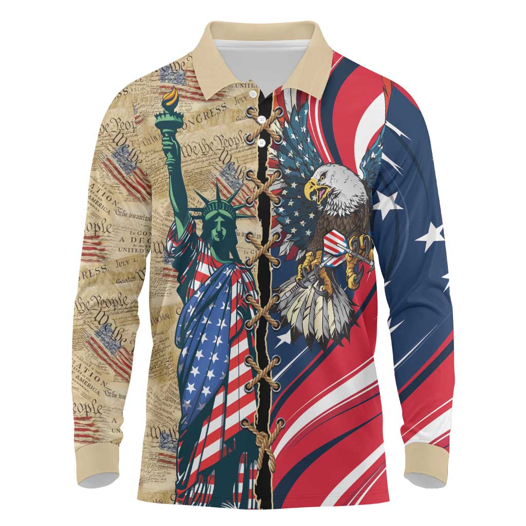 USA Eagle Statue of Liberty Long Sleeve Polo Shirt American Patriotic Spirit - Wonder Print Shop
