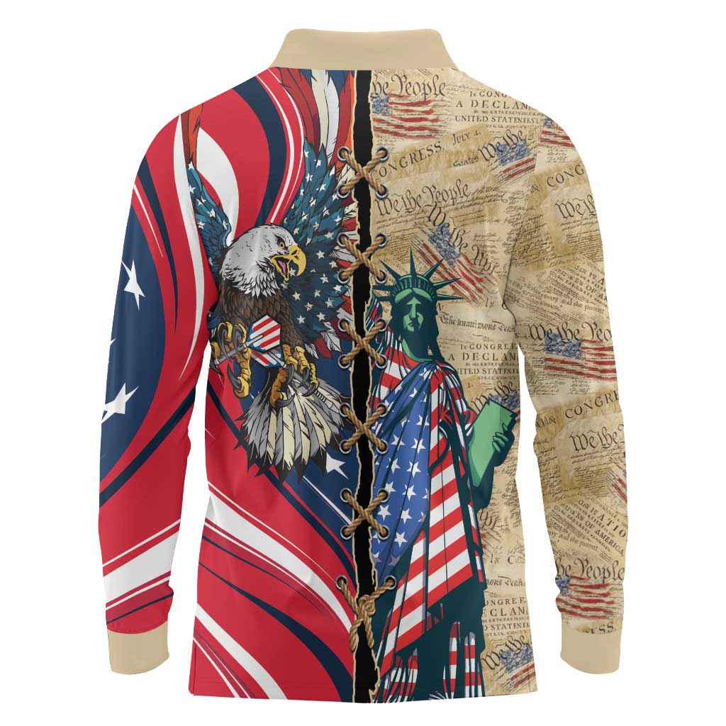 USA Eagle Statue of Liberty Long Sleeve Polo Shirt American Patriotic Spirit - Wonder Print Shop