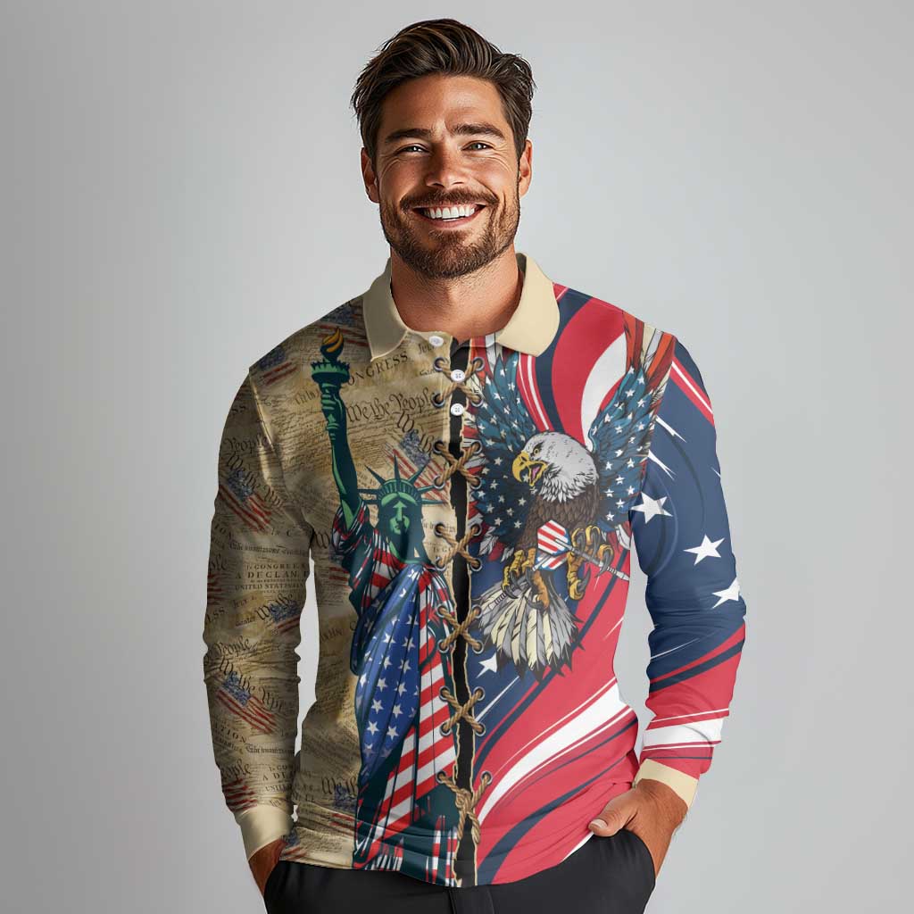 USA Eagle Statue of Liberty Long Sleeve Polo Shirt American Patriotic Spirit - Wonder Print Shop
