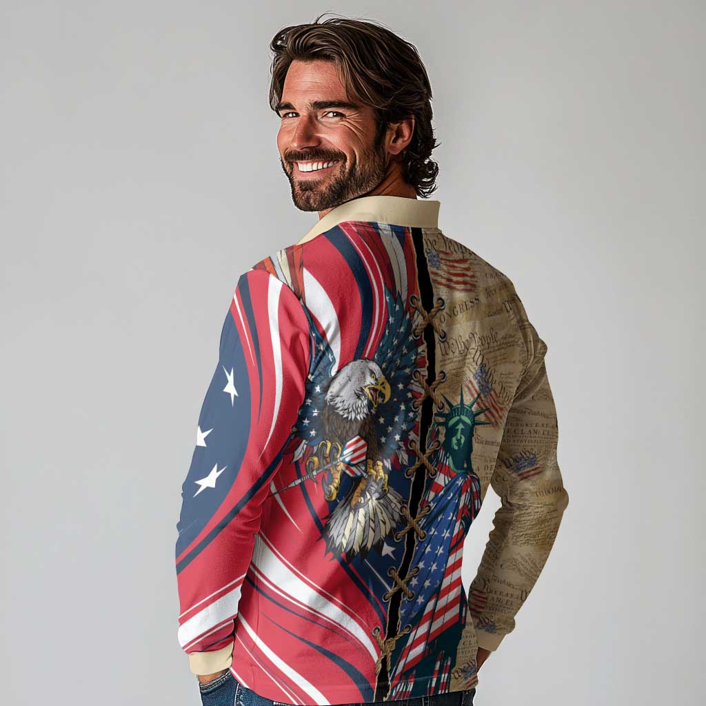 USA Eagle Statue of Liberty Long Sleeve Polo Shirt American Patriotic Spirit - Wonder Print Shop
