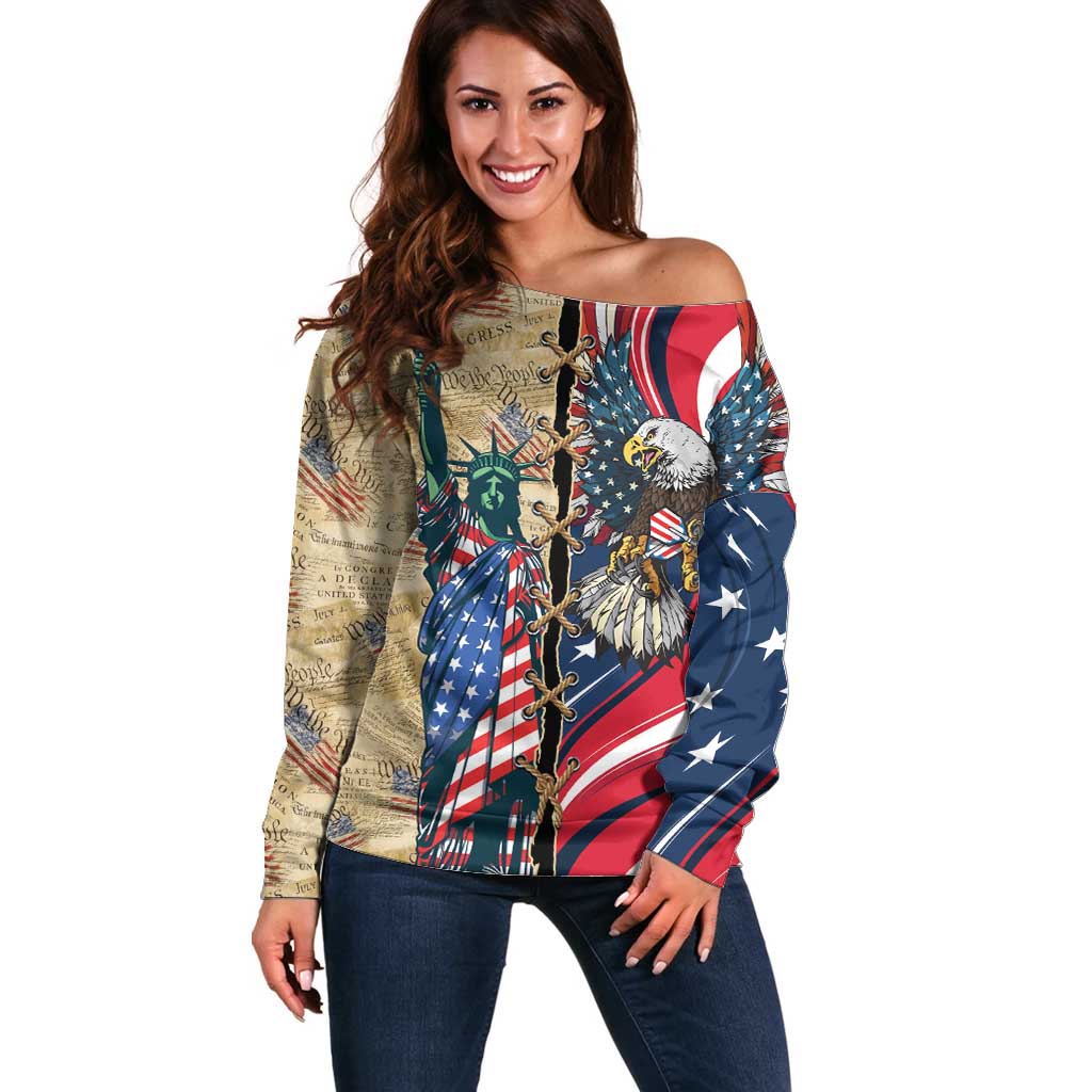 USA Eagle Statue of Liberty Off Shoulder Sweater American Patriotic Spirit - Wonder Print Shop