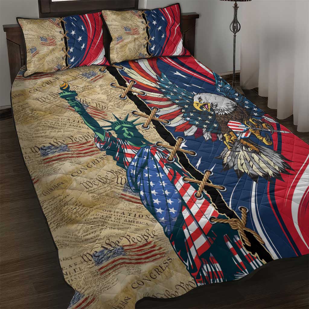 USA Eagle Statue of Liberty Quilt Bed Set American Patriotic Spirit - Wonder Print Shop