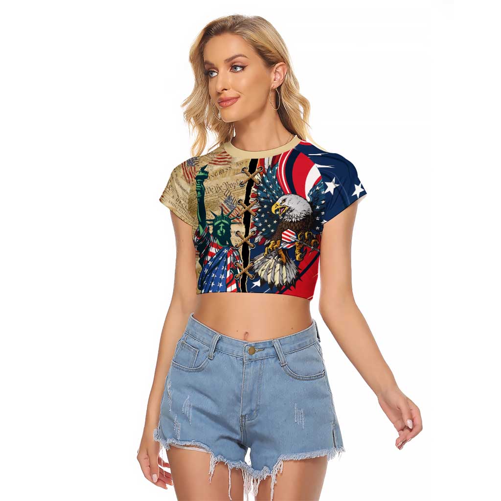 USA Eagle Statue of Liberty Raglan Cropped T Shirt American Patriotic Spirit - Wonder Print Shop