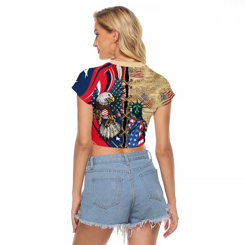 USA Eagle Statue of Liberty Raglan Cropped T Shirt American Patriotic Spirit - Wonder Print Shop