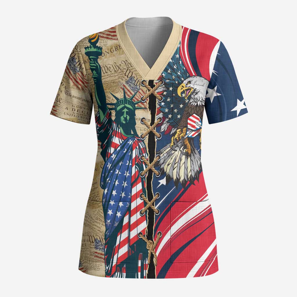 USA Eagle Statue of Liberty Scrub Top American Patriotic Spirit - Wonder Print Shop