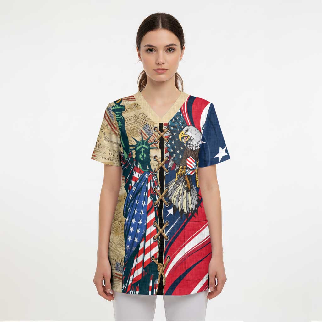 USA Eagle Statue of Liberty Scrub Top American Patriotic Spirit - Wonder Print Shop