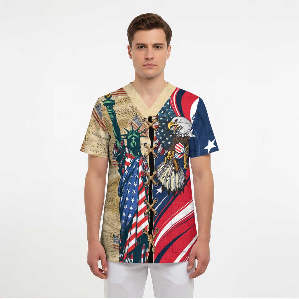 USA Eagle Statue of Liberty Scrub Top American Patriotic Spirit - Wonder Print Shop