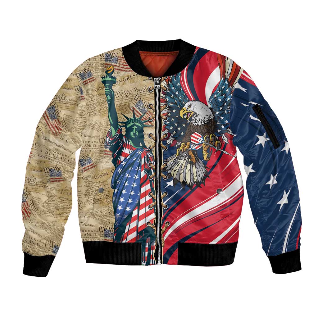 USA Eagle Statue of Liberty Sleeve Zip Bomber Jacket American Patriotic Spirit - Wonder Print Shop
