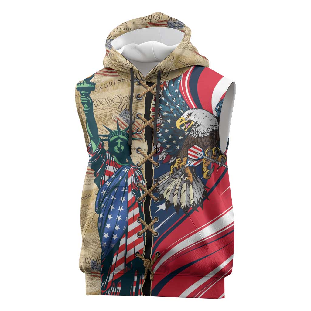 USA Eagle Statue of Liberty Sleeveless Hoodie American Patriotic Spirit - Wonder Print Shop