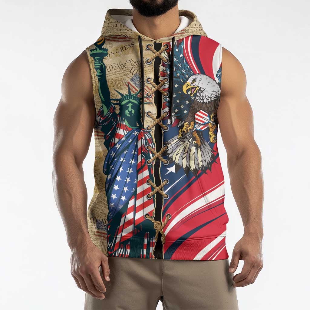 USA Eagle Statue of Liberty Sleeveless Hoodie American Patriotic Spirit - Wonder Print Shop