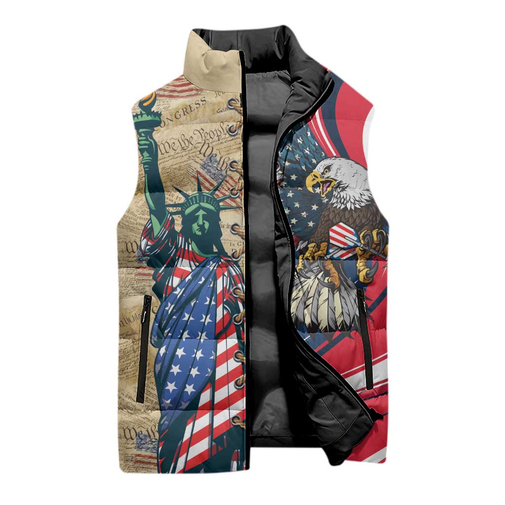 USA Eagle Statue of Liberty Sleeveless Puffer Jacket American Patriotic Spirit - Wonder Print Shop