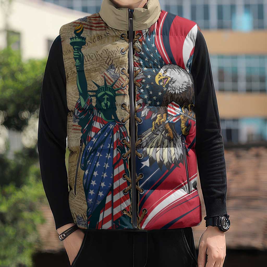 USA Eagle Statue of Liberty Sleeveless Puffer Jacket American Patriotic Spirit - Wonder Print Shop