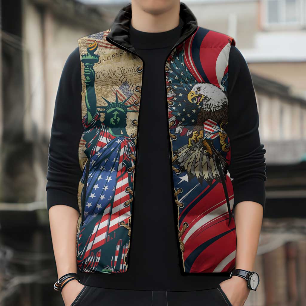 USA Eagle Statue of Liberty Sleeveless Puffer Jacket American Patriotic Spirit - Wonder Print Shop