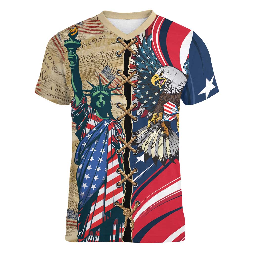 USA Eagle Statue of Liberty Women V-Neck T-Shirt American Patriotic Spirit - Wonder Print Shop