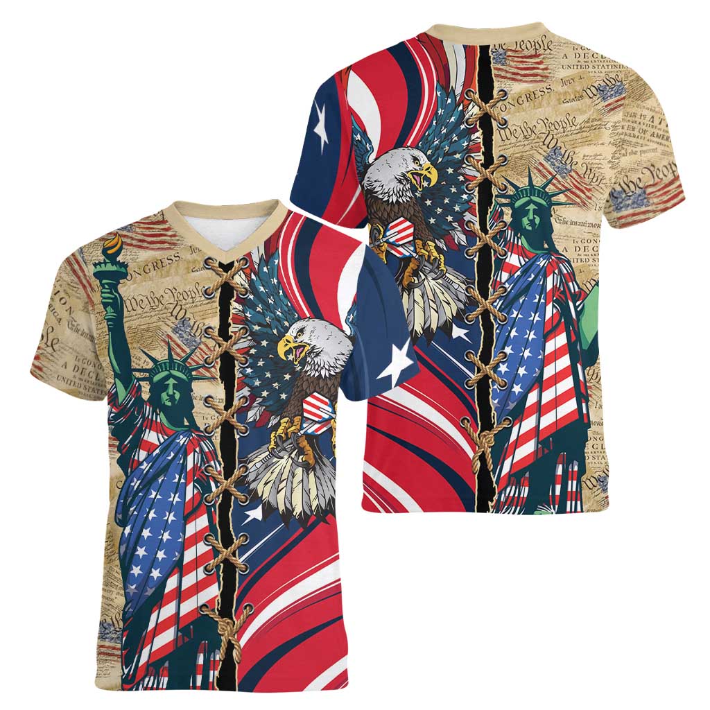 USA Eagle Statue of Liberty Women V-Neck T-Shirt American Patriotic Spirit - Wonder Print Shop