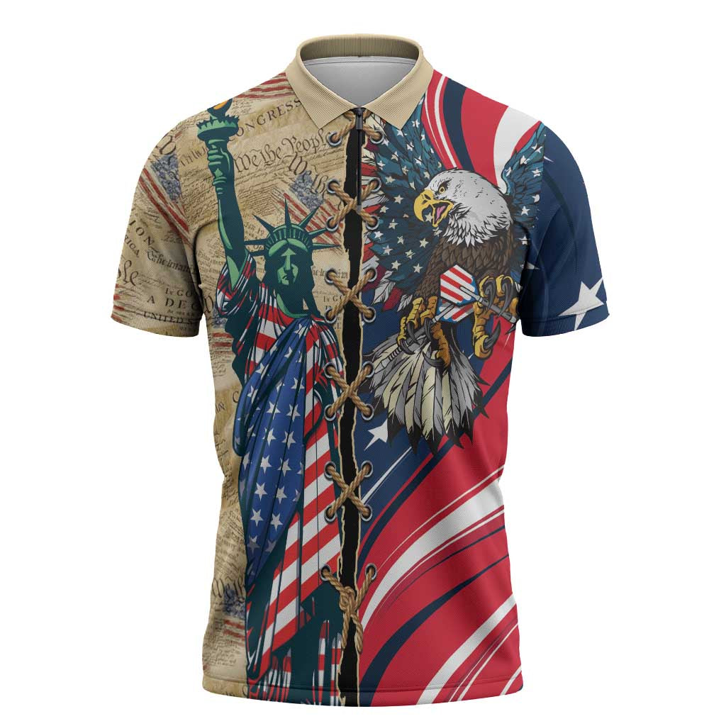 USA Eagle Statue of Liberty Zipper Polo Shirt American Patriotic Spirit - Wonder Print Shop