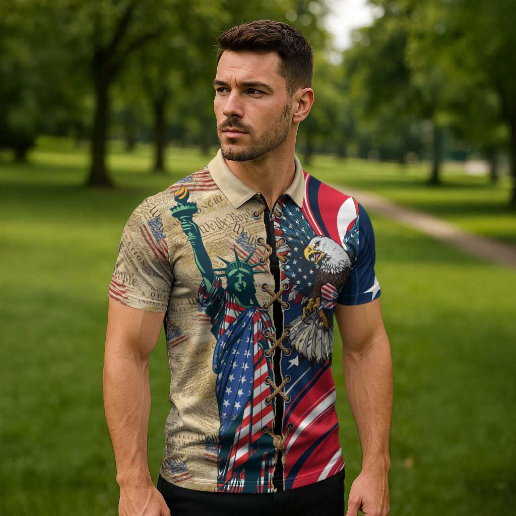USA Eagle Statue of Liberty Zipper Polo Shirt American Patriotic Spirit - Wonder Print Shop