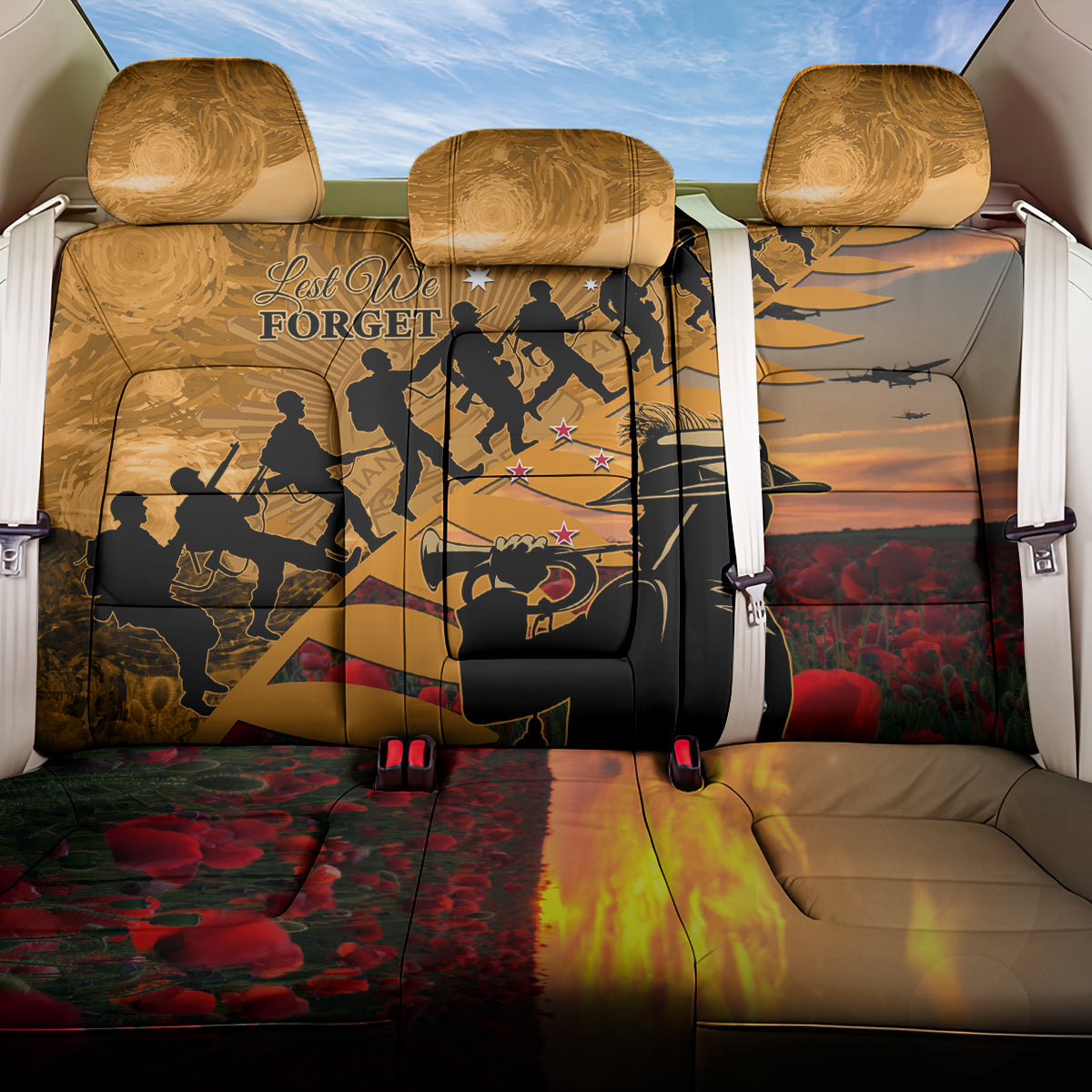 ANZAC Day 2024 Back Car Seat Cover Silver Fern With A Trumpet Soldier