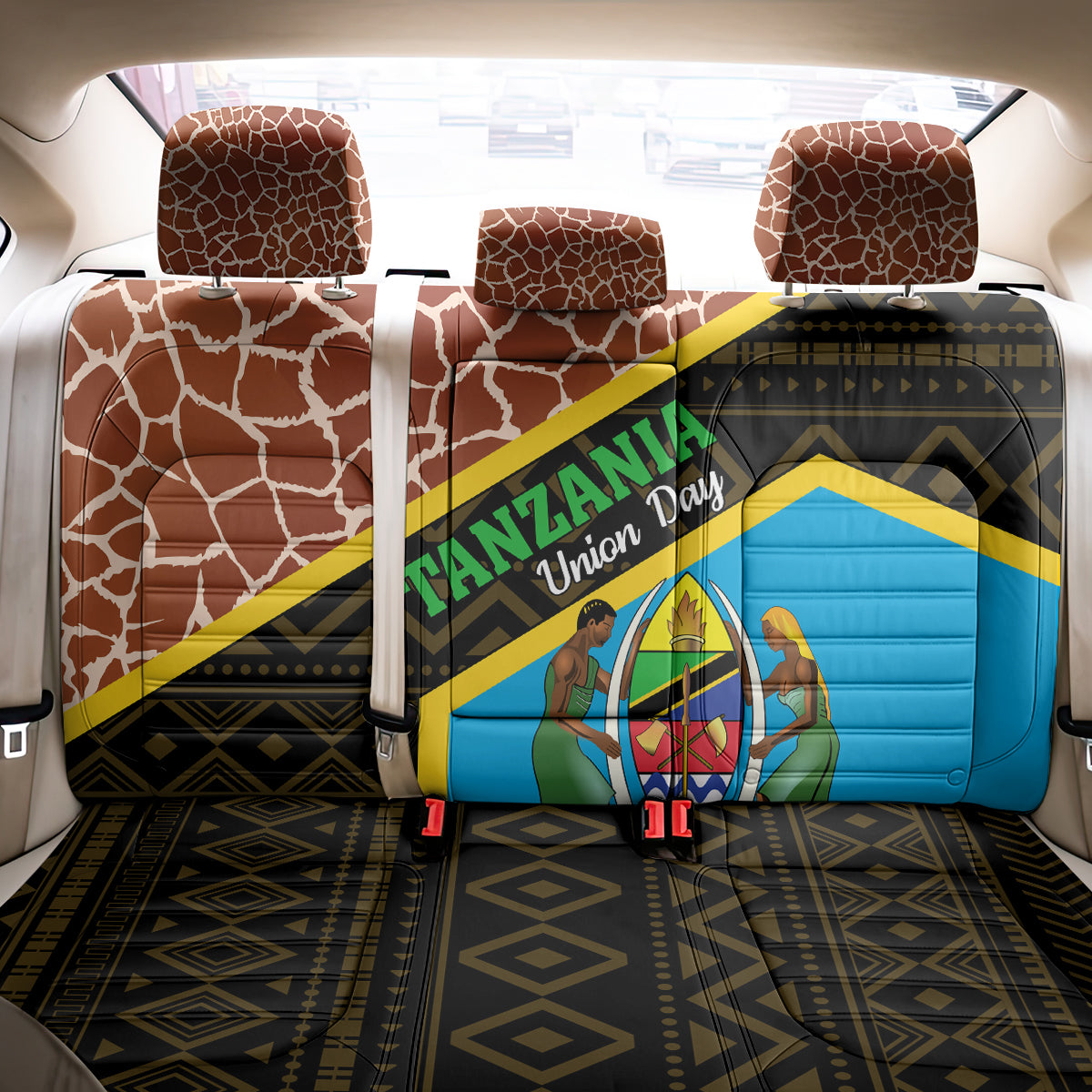 Tanzania Union Day 2024 Back Car Seat Cover Uhuru na Umoja Giraffe Pattern - Wonder Print Shop