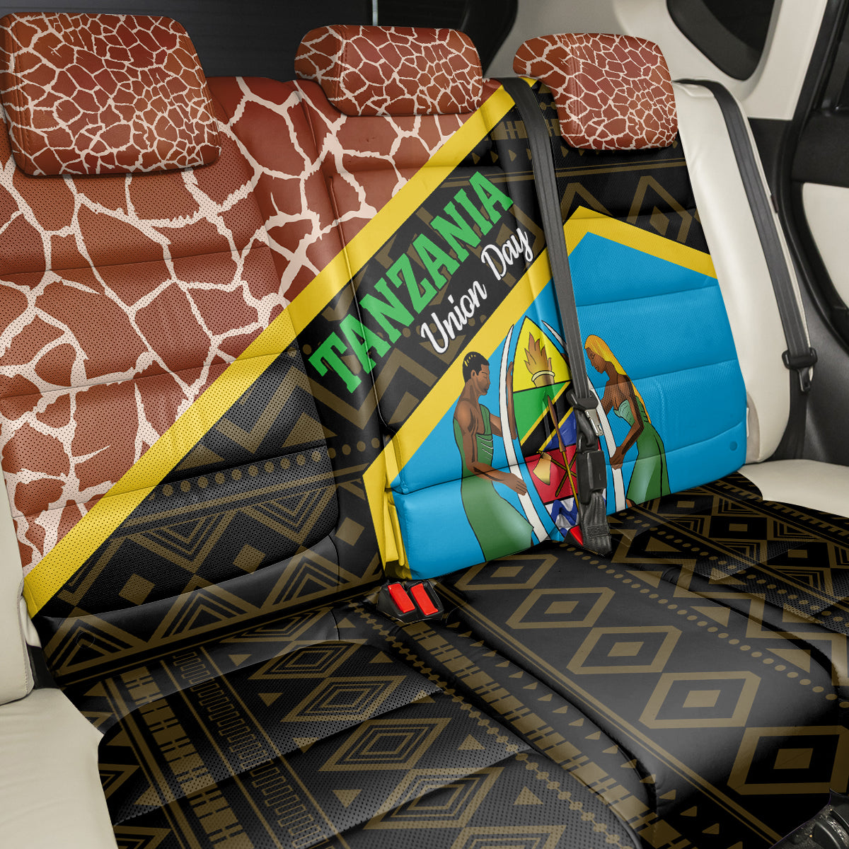 Tanzania Union Day 2024 Back Car Seat Cover Uhuru na Umoja Giraffe Pattern - Wonder Print Shop