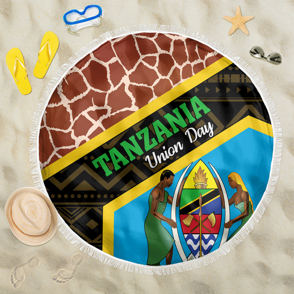 Tanzania Union Day 2024 Beach Blanket Uhuru na Umoja Giraffe Pattern