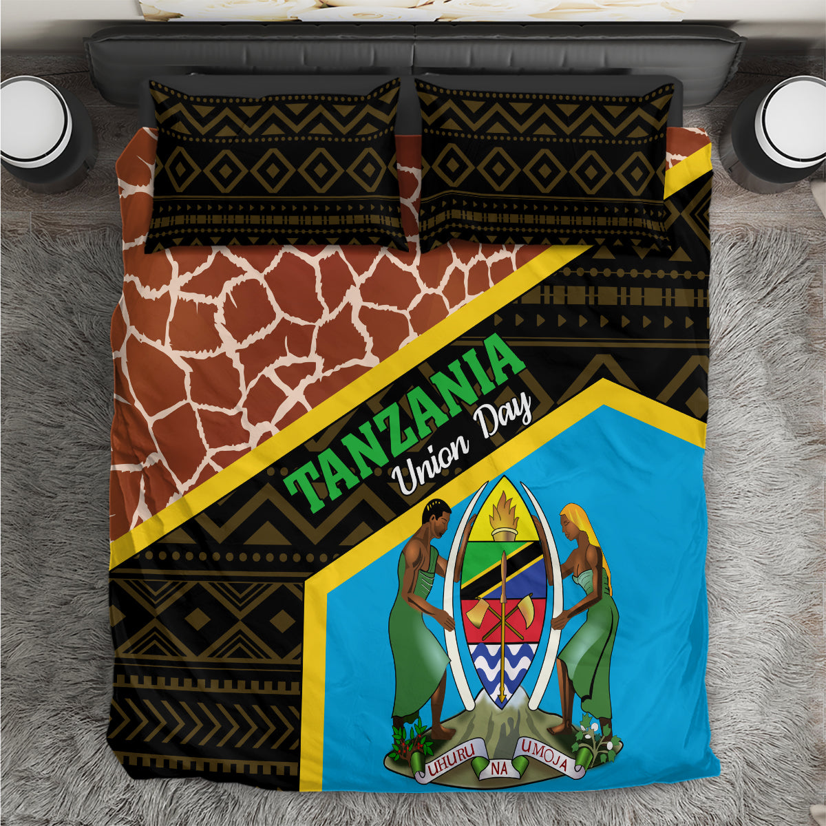 Tanzania Union Day 2024 Bedding Set Uhuru na Umoja Giraffe Pattern