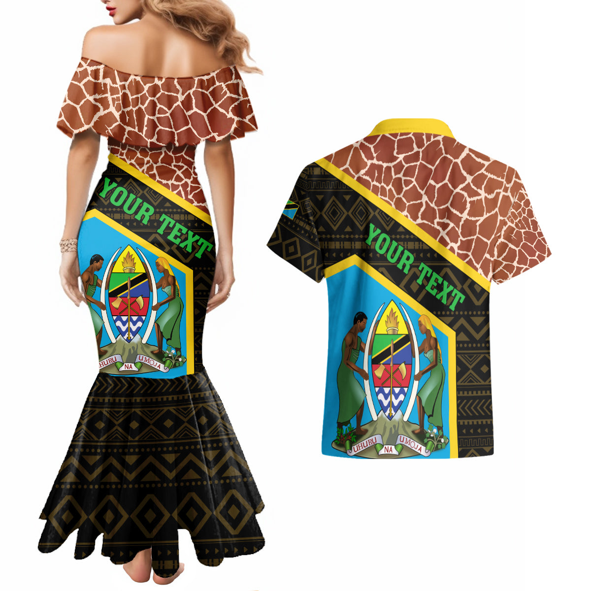 Tanzania Union Day 2024 Couples Matching Mermaid Dress and Hawaiian Shirt Uhuru na Umoja Giraffe Pattern - Wonder Print Shop