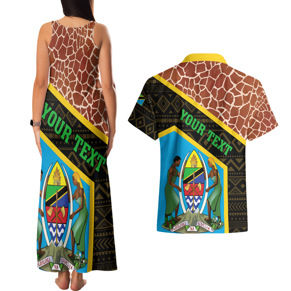 Tanzania Union Day 2024 Couples Matching Tank Maxi Dress and Hawaiian Shirt Uhuru na Umoja Giraffe Pattern - Wonder Print Shop