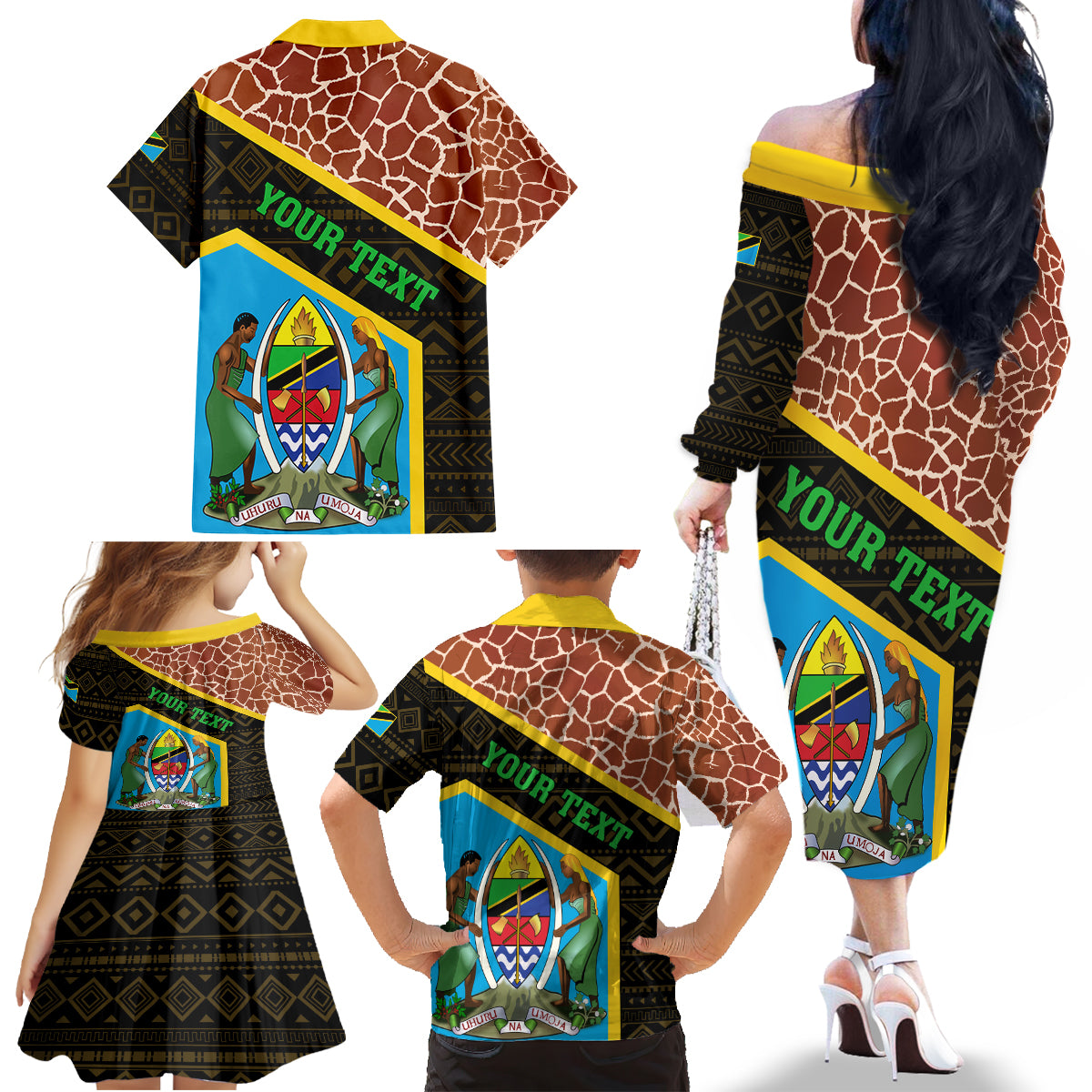 Tanzania Union Day 2024 Family Matching Off Shoulder Long Sleeve Dress and Hawaiian Shirt Uhuru na Umoja Giraffe Pattern - Wonder Print Shop