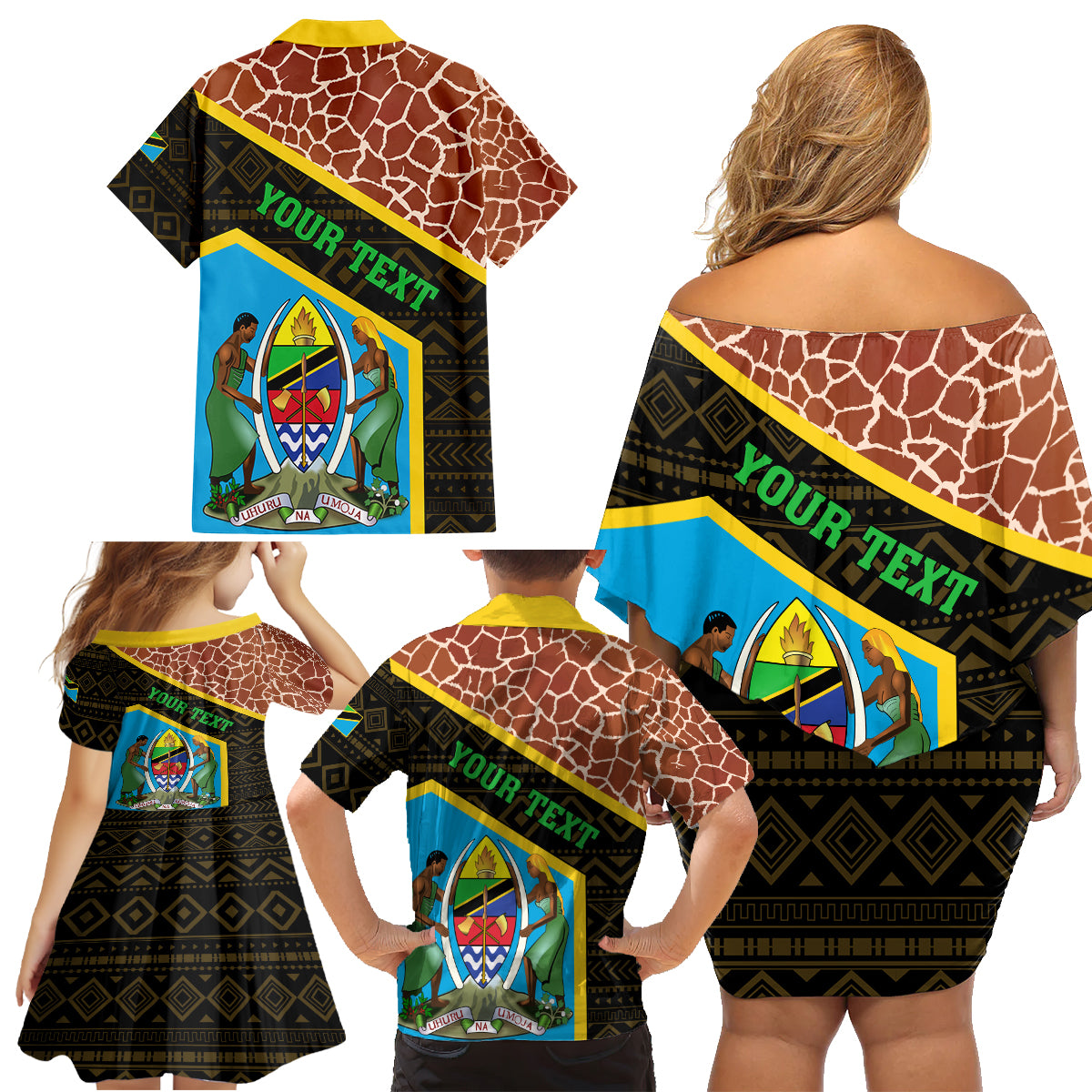 Tanzania Union Day 2024 Family Matching Off Shoulder Short Dress and Hawaiian Shirt Uhuru na Umoja Giraffe Pattern - Wonder Print Shop
