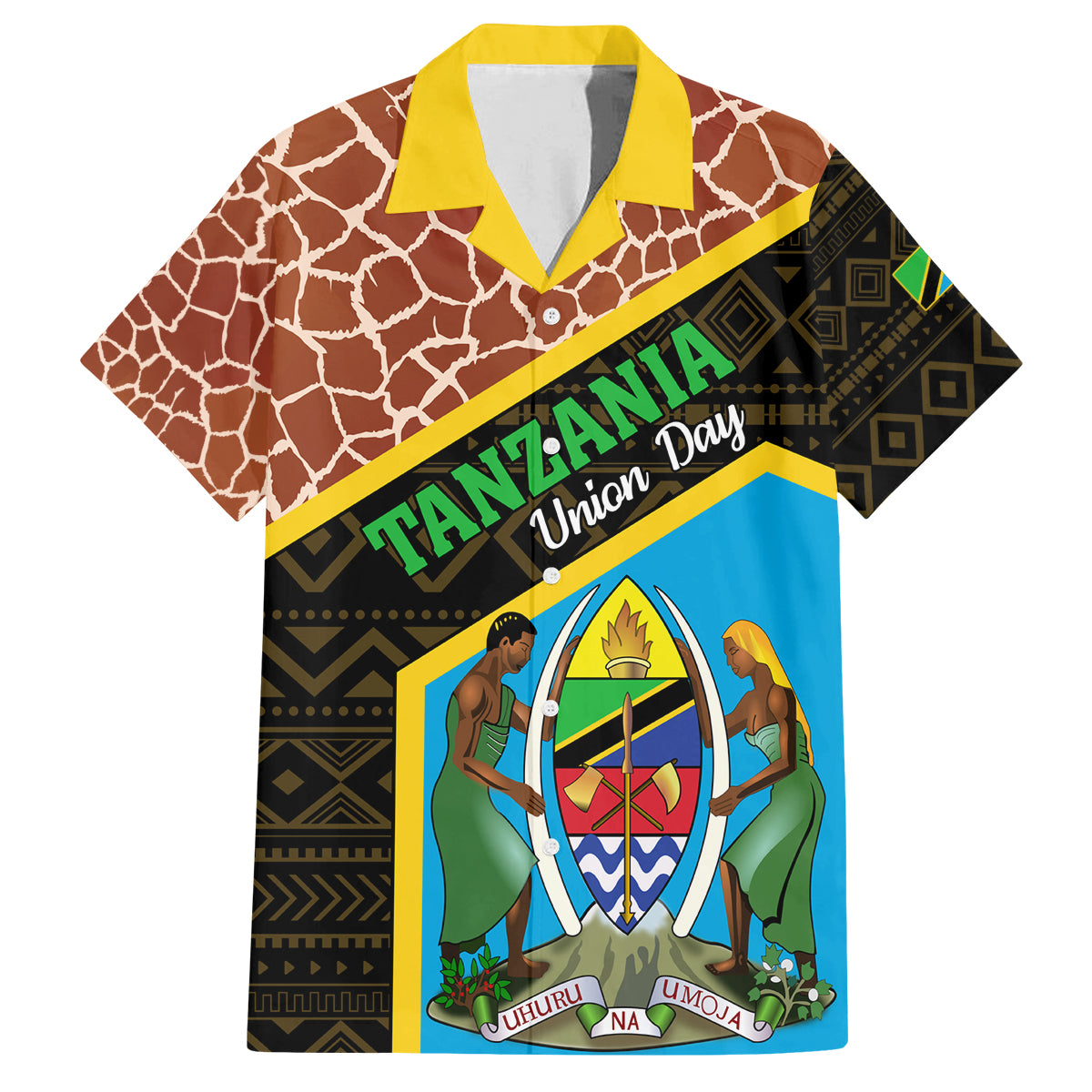 Tanzania Union Day 2024 Family Matching Off Shoulder Short Dress and Hawaiian Shirt Uhuru na Umoja Giraffe Pattern - Wonder Print Shop