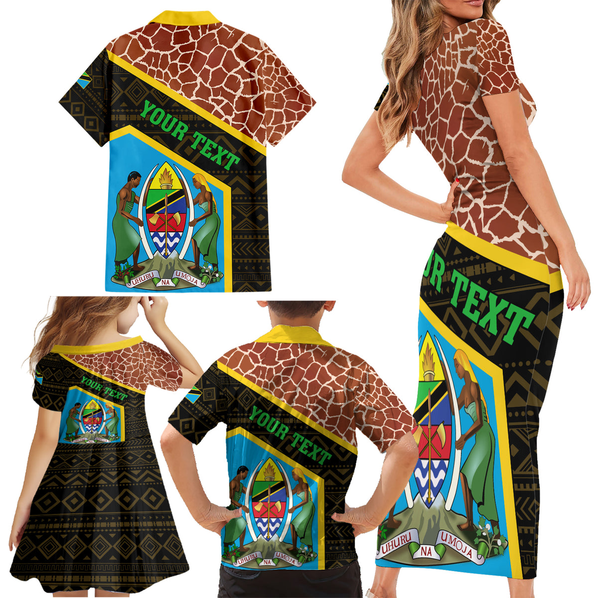 Tanzania Union Day 2024 Family Matching Short Sleeve Bodycon Dress and Hawaiian Shirt Uhuru na Umoja Giraffe Pattern - Wonder Print Shop